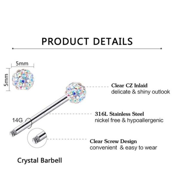 14G 316L Silver and CZ Nipple Rings - Set of 2 - Picture 3 of 7